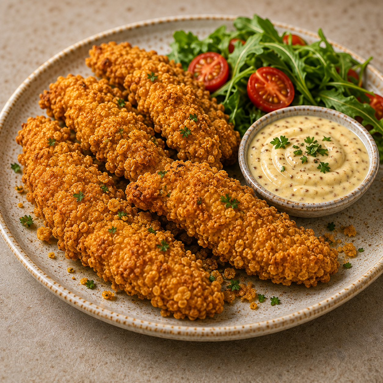 Aiguillettes de poulet panées aux corn flakes, dorées et croustillantes, servies avec une sauce crémeuse au miel, à la moutarde et au yaourt.