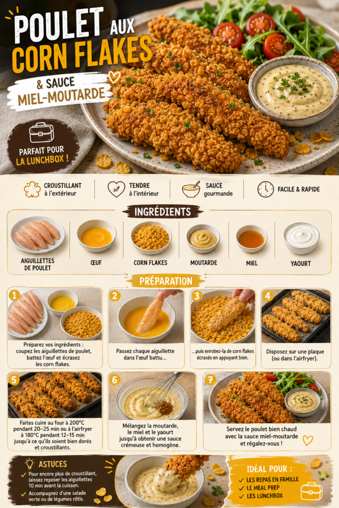 Aiguillettes de poulet panées aux corn flakes, dorées et croustillantes, servies avec une sauce crémeuse au miel, à la moutarde et au yaourt.