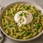 Fusilli enrobés d’un pesto crémeux de pistache, basilic et parmesan, servis avec une burrata fondante au centre et quelques pistaches concassées.