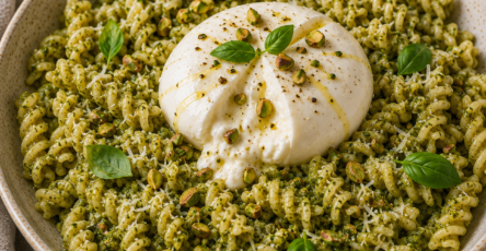 Fusilli enrobés d’un pesto crémeux de pistache, basilic et parmesan, servis avec une burrata fondante au centre et quelques pistaches concassées.