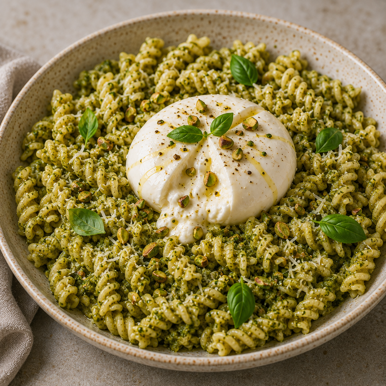 Fusilli enrobés d’un pesto crémeux de pistache, basilic et parmesan, servis avec une burrata fondante au centre et quelques pistaches concassées.