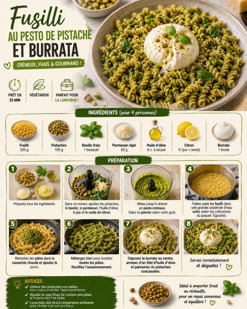 Fusilli enrobés d’un pesto crémeux de pistache, basilic et parmesan, servis avec une burrata fondante au centre et quelques pistaches concassées.