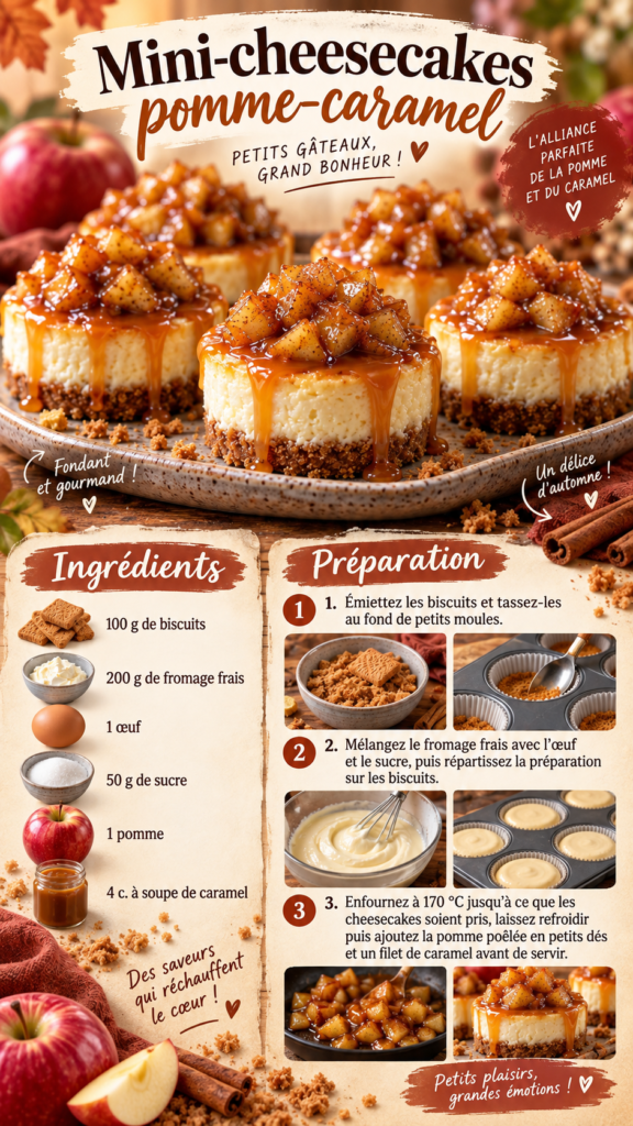 Mini-cheesecakes pomme-caramel individuels avec base biscuitée croustillante, crème au fromage frais, dés de pomme poêlée et filet de caramel.