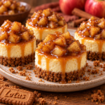 Mini-cheesecakes pomme-caramel individuels avec base biscuitée croustillante, crème au fromage frais, dés de pomme poêlée et filet de caramel.