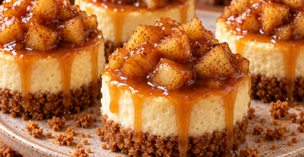 Mini-cheesecakes pomme-caramel individuels avec base biscuitée croustillante, crème au fromage frais, dés de pomme poêlée et filet de caramel.