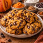 Cookies moelleux au potimarron et pépites de chocolat, légèrement dorés sur les bords avec un cœur tendre et fondant parfumé à la cannelle.