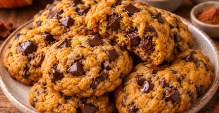 Cookies moelleux au potimarron et pépites de chocolat, légèrement dorés sur les bords avec un cœur tendre et fondant parfumé à la cannelle.