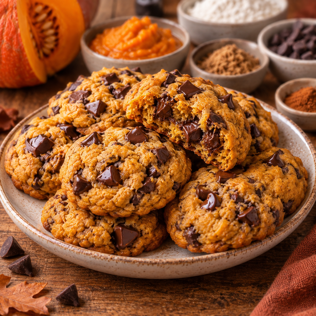 Cookies moelleux au potimarron et pépites de chocolat, légèrement dorés sur les bords avec un cœur tendre et fondant parfumé à la cannelle.
