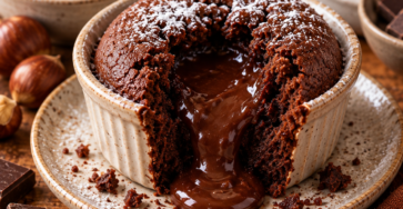 Fondant châtaigne-chocolat individuel au cœur coulant, préparé avec crème de marrons et chocolat noir, servi encore tiède.