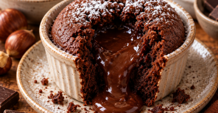 Fondant châtaigne-chocolat individuel au cœur coulant, préparé avec crème de marrons et chocolat noir, servi encore tiède.