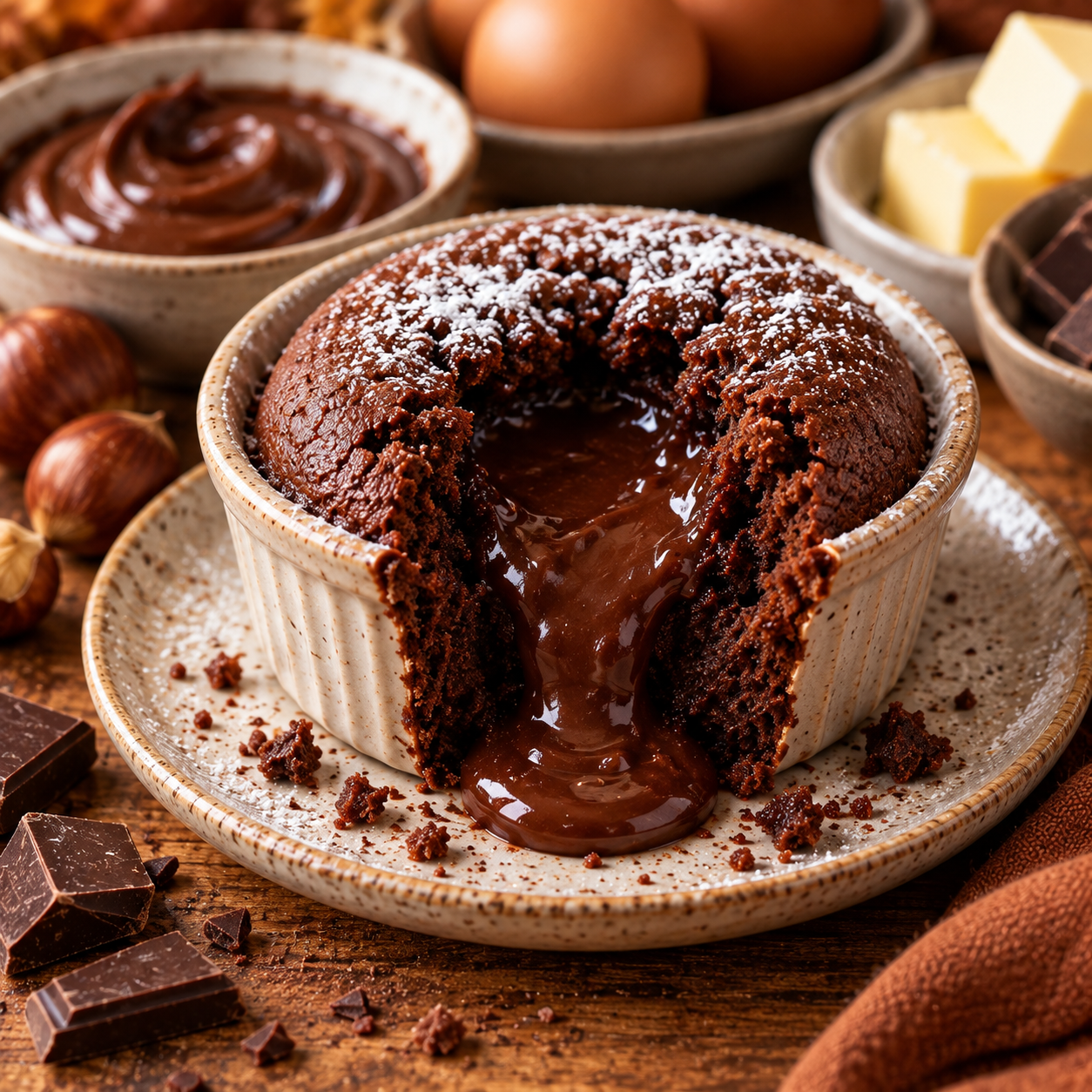 Fondant châtaigne-chocolat individuel au cœur coulant, préparé avec crème de marrons et chocolat noir, servi encore tiède.