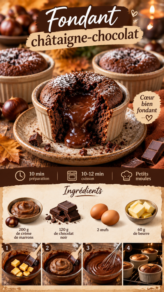 Fondant châtaigne-chocolat individuel au cœur coulant, préparé avec crème de marrons et chocolat noir, servi encore tiède.
