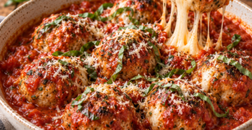 Boulettes de poulet dorées avec cœur de mozzarella fondante, mijotées dans une sauce tomate maison et garnies de feuilles de basilic frais.