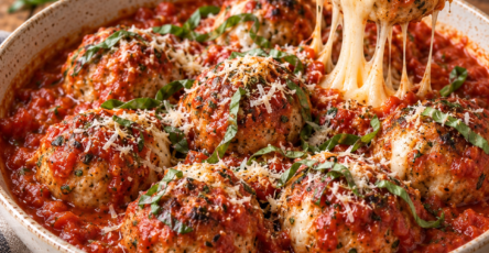 Boulettes de poulet dorées avec cœur de mozzarella fondante, mijotées dans une sauce tomate maison et garnies de feuilles de basilic frais.