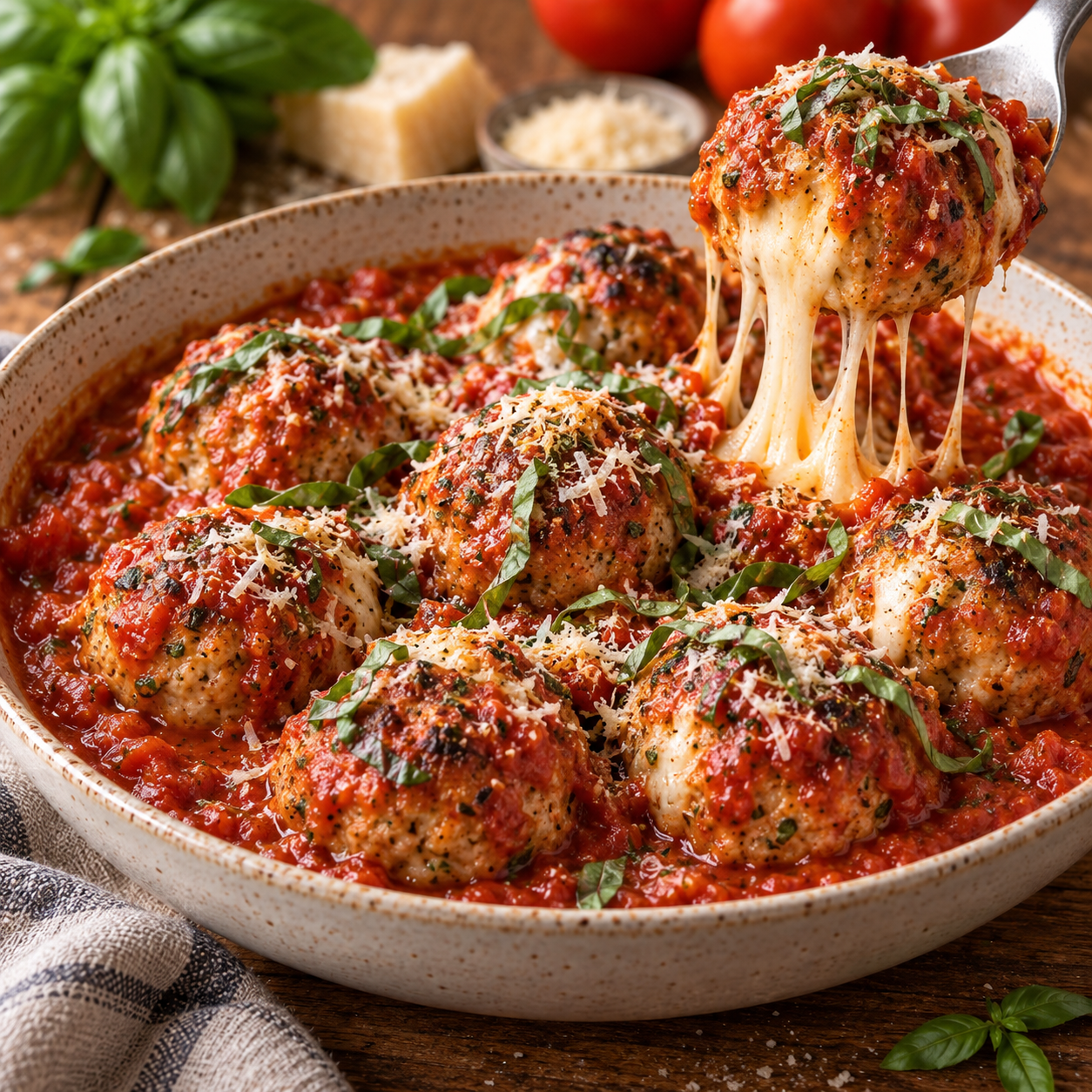 Boulettes de poulet dorées avec cœur de mozzarella fondante, mijotées dans une sauce tomate maison et garnies de feuilles de basilic frais.