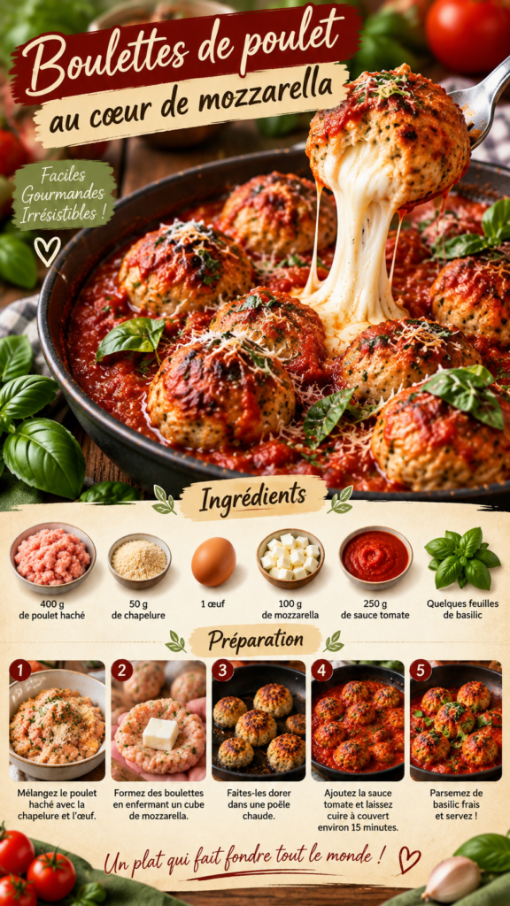 Boulettes de poulet dorées avec cœur de mozzarella fondante, mijotées dans une sauce tomate maison et garnies de feuilles de basilic frais.