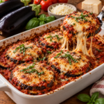 Aubergines parmesanes express gratinées au four avec rondelles d’aubergine, sauce tomate, mozzarella fondante, parmesan doré et basilic frais.