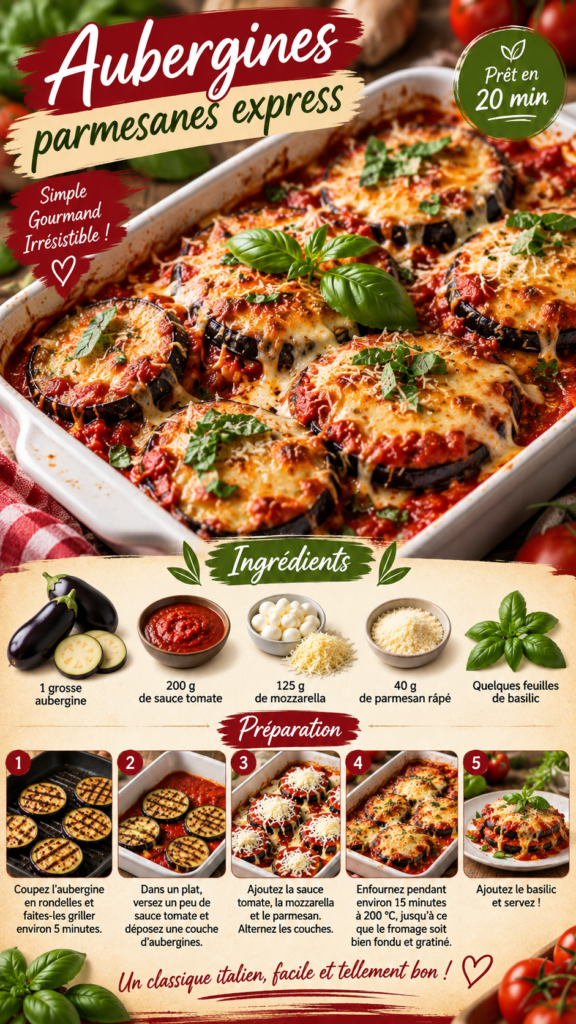 Aubergines parmesanes express gratinées au four avec rondelles d’aubergine, sauce tomate, mozzarella fondante, parmesan doré et basilic frais.