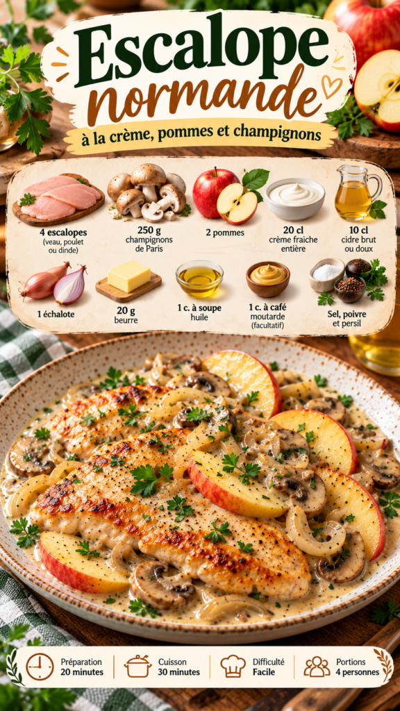 Escalope normande dorée servie avec une sauce crémeuse aux champignons et morceaux de pommes fondantes dans une assiette rustique.