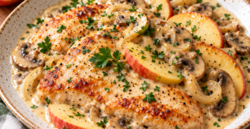 Escalope normande dorée servie avec une sauce crémeuse aux champignons et morceaux de pommes fondantes dans une assiette rustique.