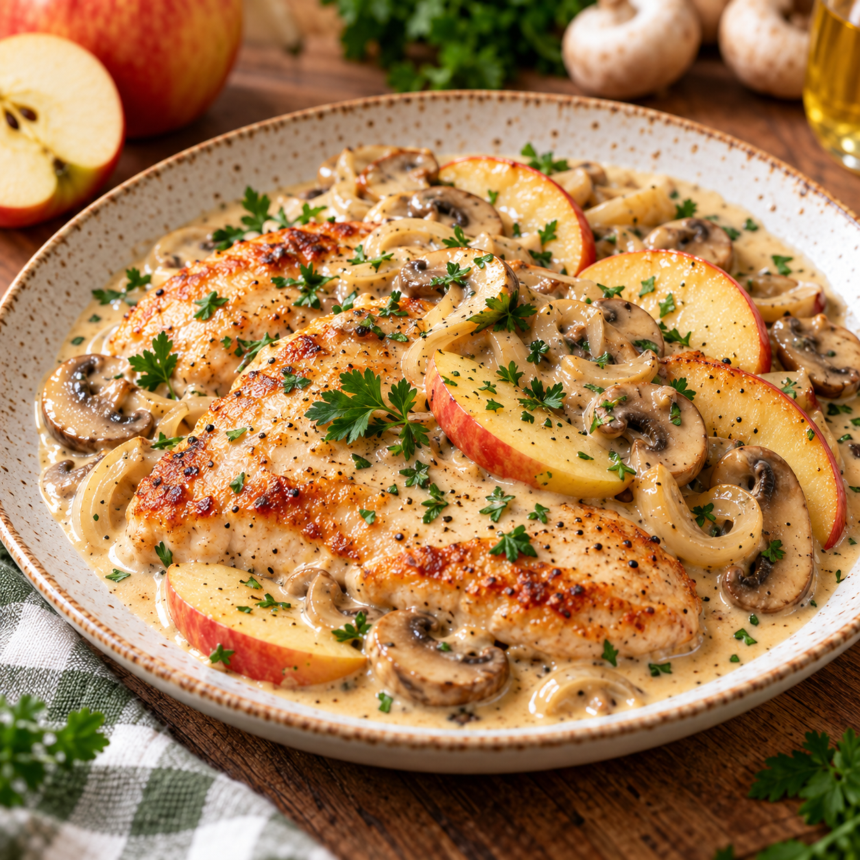 Escalope normande dorée servie avec une sauce crémeuse aux champignons et morceaux de pommes fondantes dans une assiette rustique.