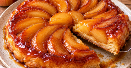 Tarte Tatin minute aux pommes caramélisées, recouverte d’une pâte feuilletée dorée et servie tiède après démoulage.