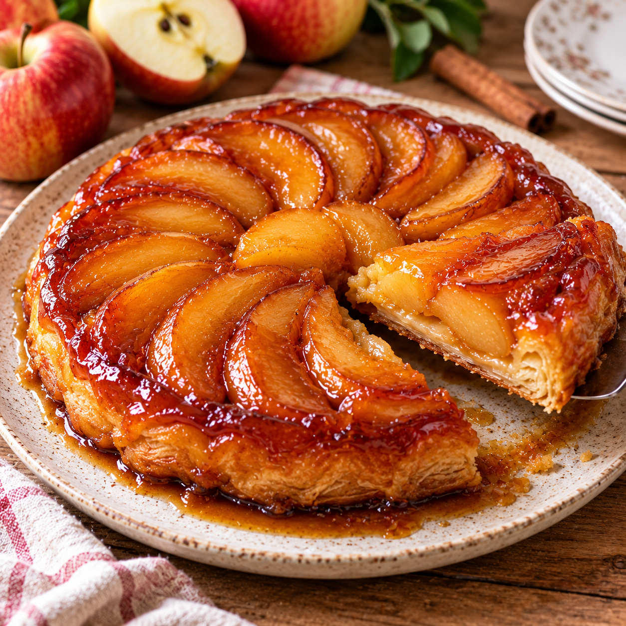 Tarte Tatin minute aux pommes caramélisées, recouverte d’une pâte feuilletée dorée et servie tiède après démoulage.