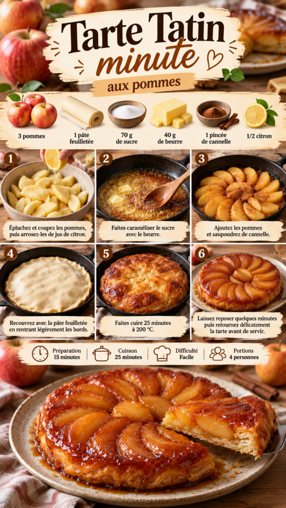 Tarte Tatin minute aux pommes caramélisées, recouverte d’une pâte feuilletée dorée et servie tiède après démoulage.