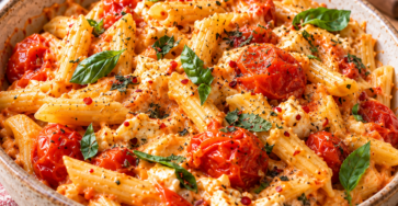 Baked feta pasta crémeuse servie avec tomates cerises rôties, feta fondue, basilic frais et pâtes enrobées de sauce.