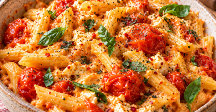 Baked feta pasta crémeuse servie avec tomates cerises rôties, feta fondue, basilic frais et pâtes enrobées de sauce.
