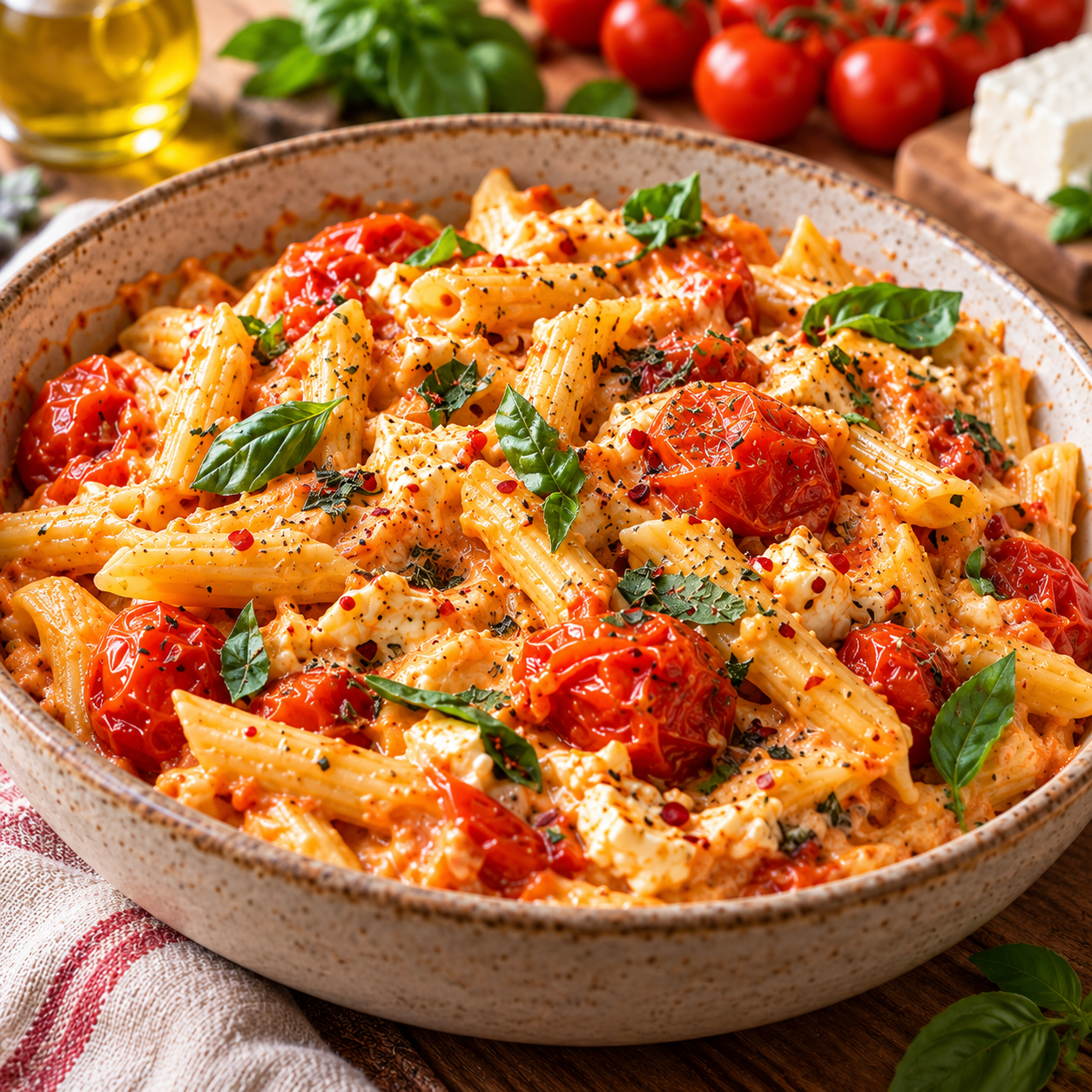 Baked feta pasta crémeuse servie avec tomates cerises rôties, feta fondue, basilic frais et pâtes enrobées de sauce.
