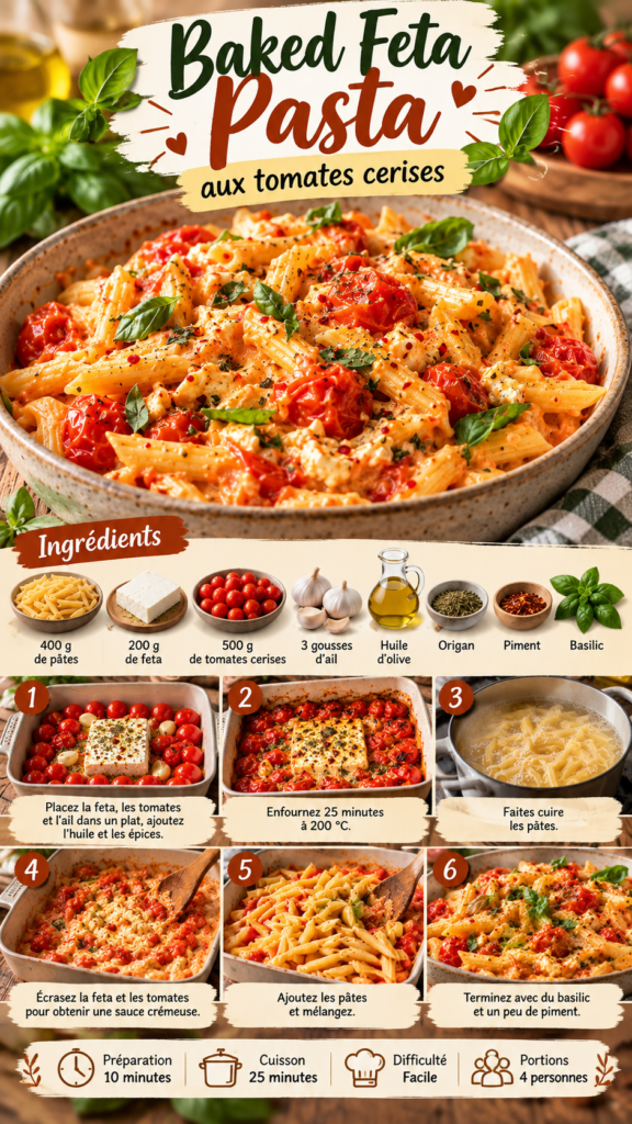 Baked feta pasta crémeuse servie avec tomates cerises rôties, feta fondue, basilic frais et pâtes enrobées de sauce.