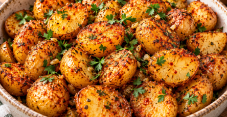 Pommes de terre grenailles rôties à l’Air Fryer, dorées et croustillantes, assaisonnées de paprika, ail, thym et persil frais.