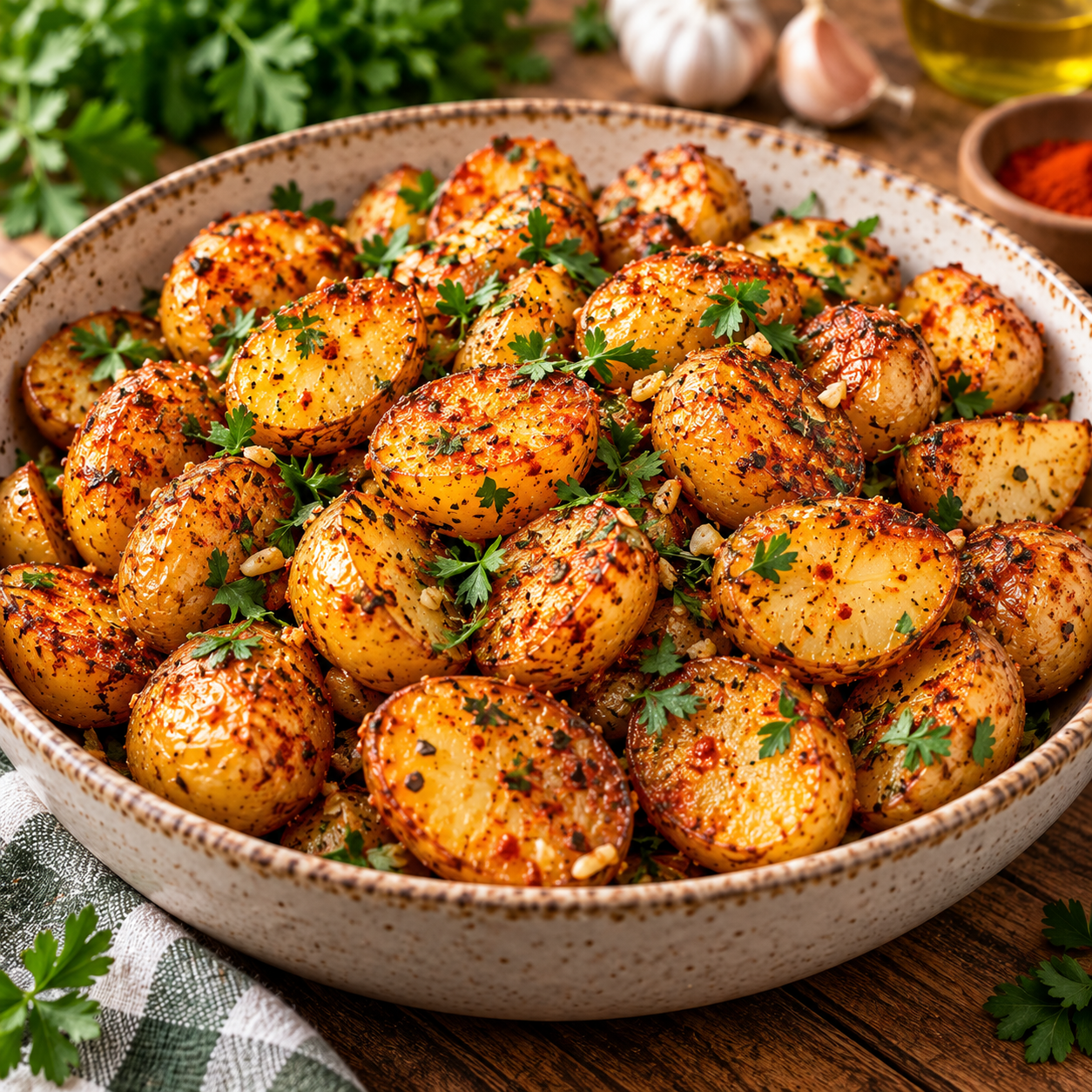 Pommes de terre grenailles rôties à l’Air Fryer, dorées et croustillantes, assaisonnées de paprika, ail, thym et persil frais.