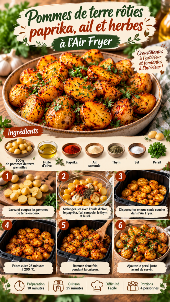 Pommes de terre grenailles rôties à l’Air Fryer, dorées et croustillantes, assaisonnées de paprika, ail, thym et persil frais.