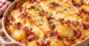 Tartiflette savoyarde gratinée au reblochon avec pommes de terre fondantes, lardons dorés et oignons cuits dans un plat rustique.