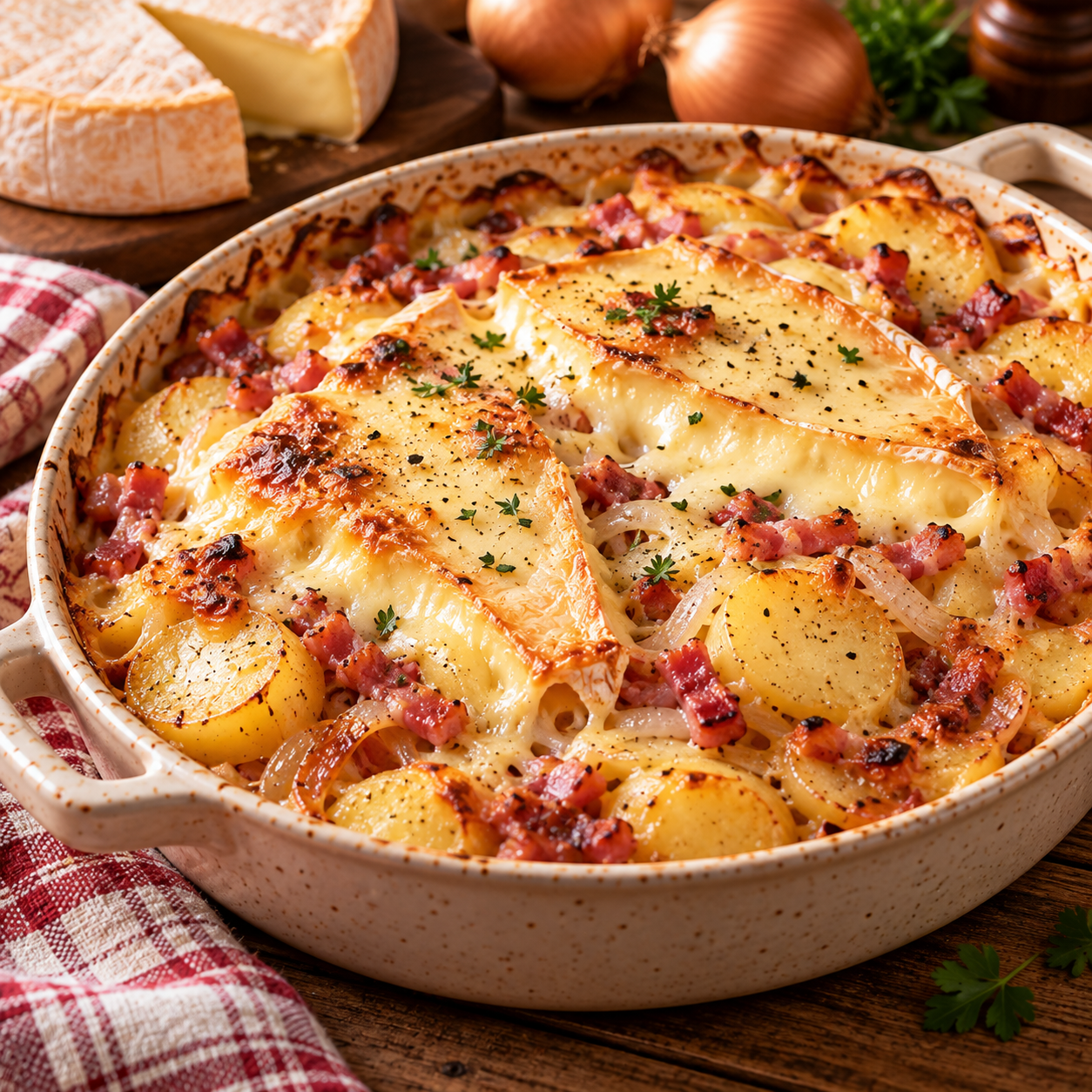 Tartiflette savoyarde gratinée au reblochon avec pommes de terre fondantes, lardons dorés et oignons cuits dans un plat rustique.