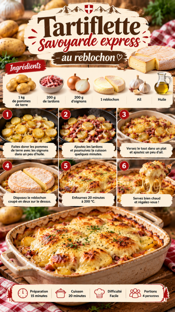Tartiflette savoyarde gratinée au reblochon avec pommes de terre fondantes, lardons dorés et oignons cuits dans un plat rustique.
