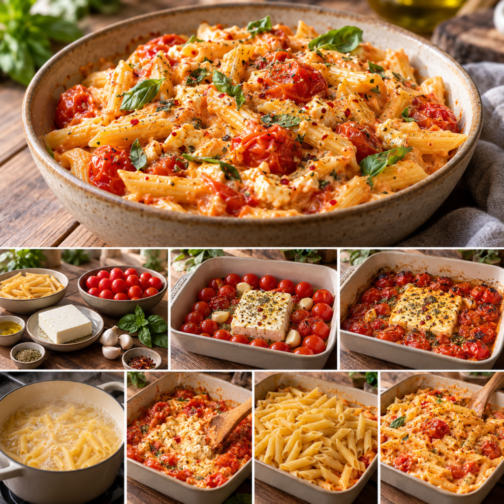 Baked feta pasta crémeuse servie avec tomates cerises rôties, feta fondue, basilic frais et pâtes enrobées de sauce.