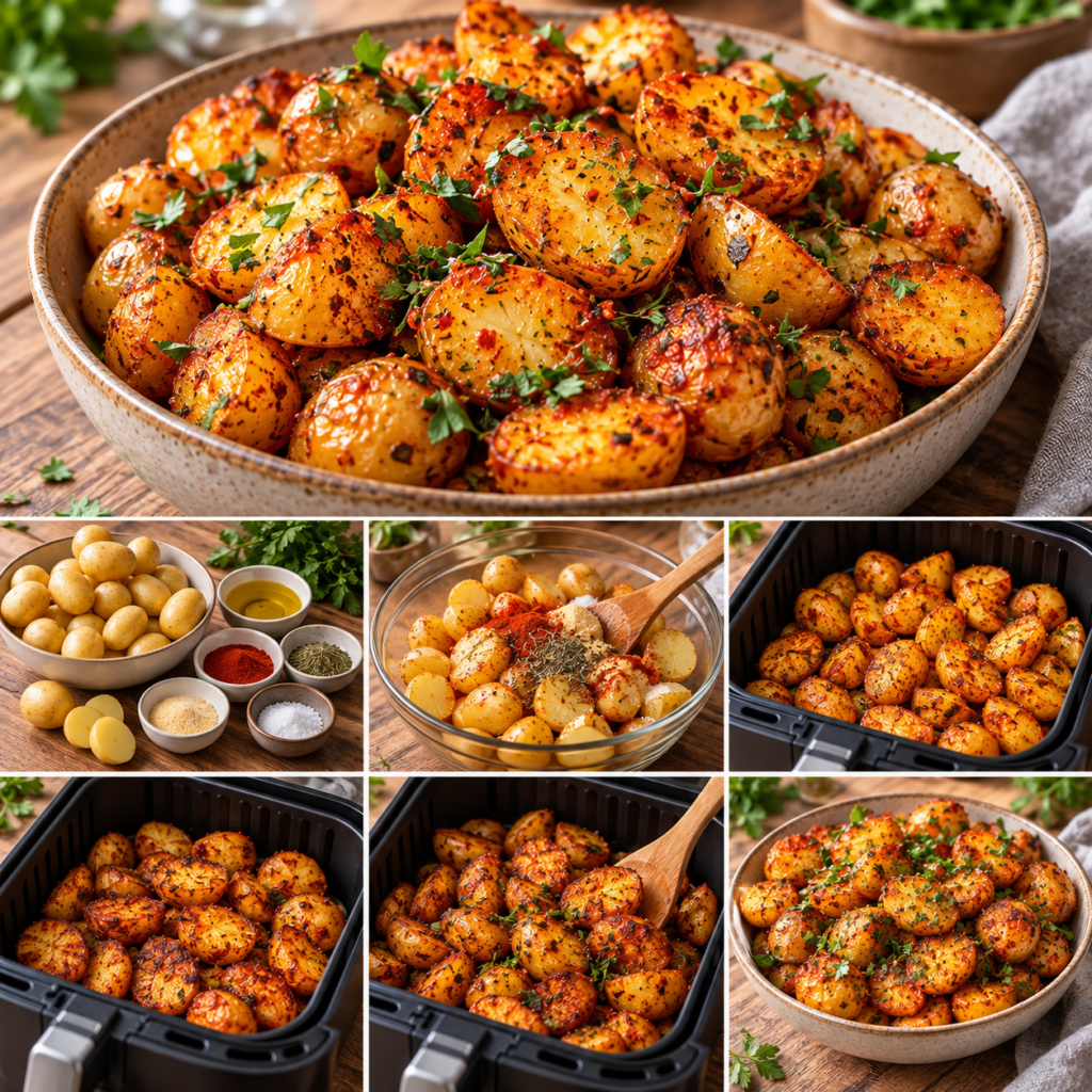 Pommes de terre grenailles rôties à l’Air Fryer, dorées et croustillantes, assaisonnées de paprika, ail, thym et persil frais.
