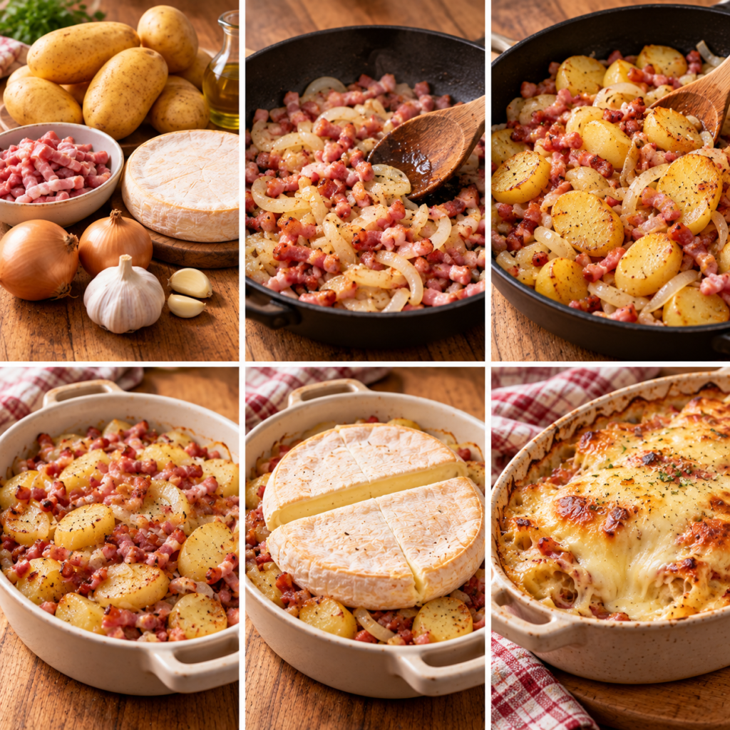 Tartiflette savoyarde gratinée au reblochon avec pommes de terre fondantes, lardons dorés et oignons cuits dans un plat rustique.