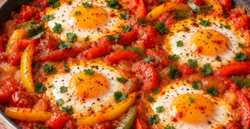 Piperade express aux œufs servie dans une poêle avec poivrons rouges et verts, tomates mijotées, oignon et quatre œufs cuits sur le dessus.