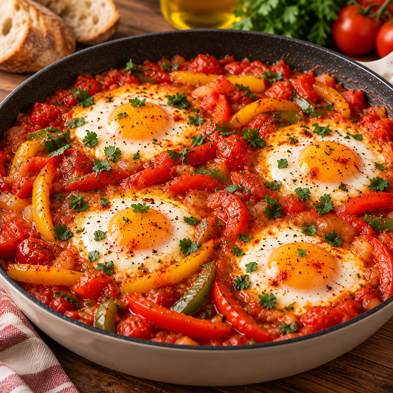 Piperade express aux œufs servie dans une poêle avec poivrons rouges et verts, tomates mijotées, oignon et quatre œufs cuits sur le dessus.