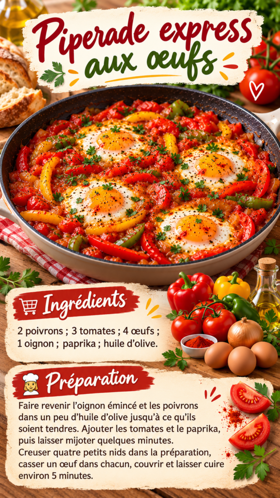 Piperade express aux œufs servie dans une poêle avec poivrons rouges et verts, tomates mijotées, oignon et quatre œufs cuits sur le dessus.