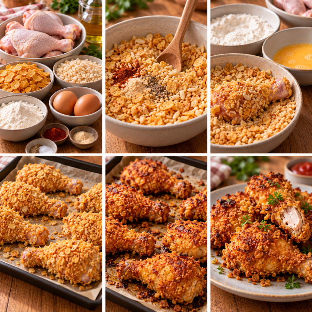 Morceaux de poulet croustillant cuits au four avec panure dorée aux corn-flakes, riz soufflé, paprika et ail en poudre.