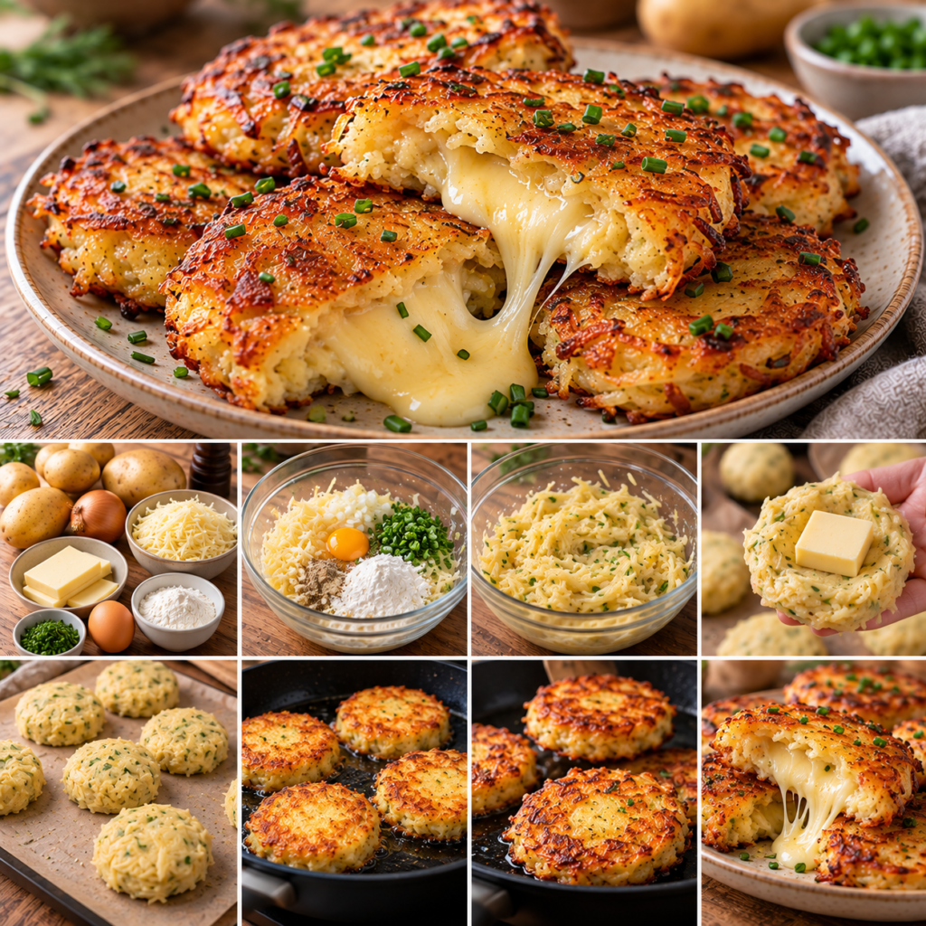 Galettes de pommes de terre dorées et croustillantes ouvertes en deux avec un cœur de fromage à raclette fondu et coulant.