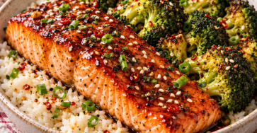 Pavés de saumon teriyaki cuits à l’Air Fryer avec brocoli rôti, graines de sésame et légère touche de piment.