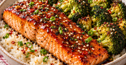 Pavés de saumon teriyaki cuits à l’Air Fryer avec brocoli rôti, graines de sésame et légère touche de piment.
