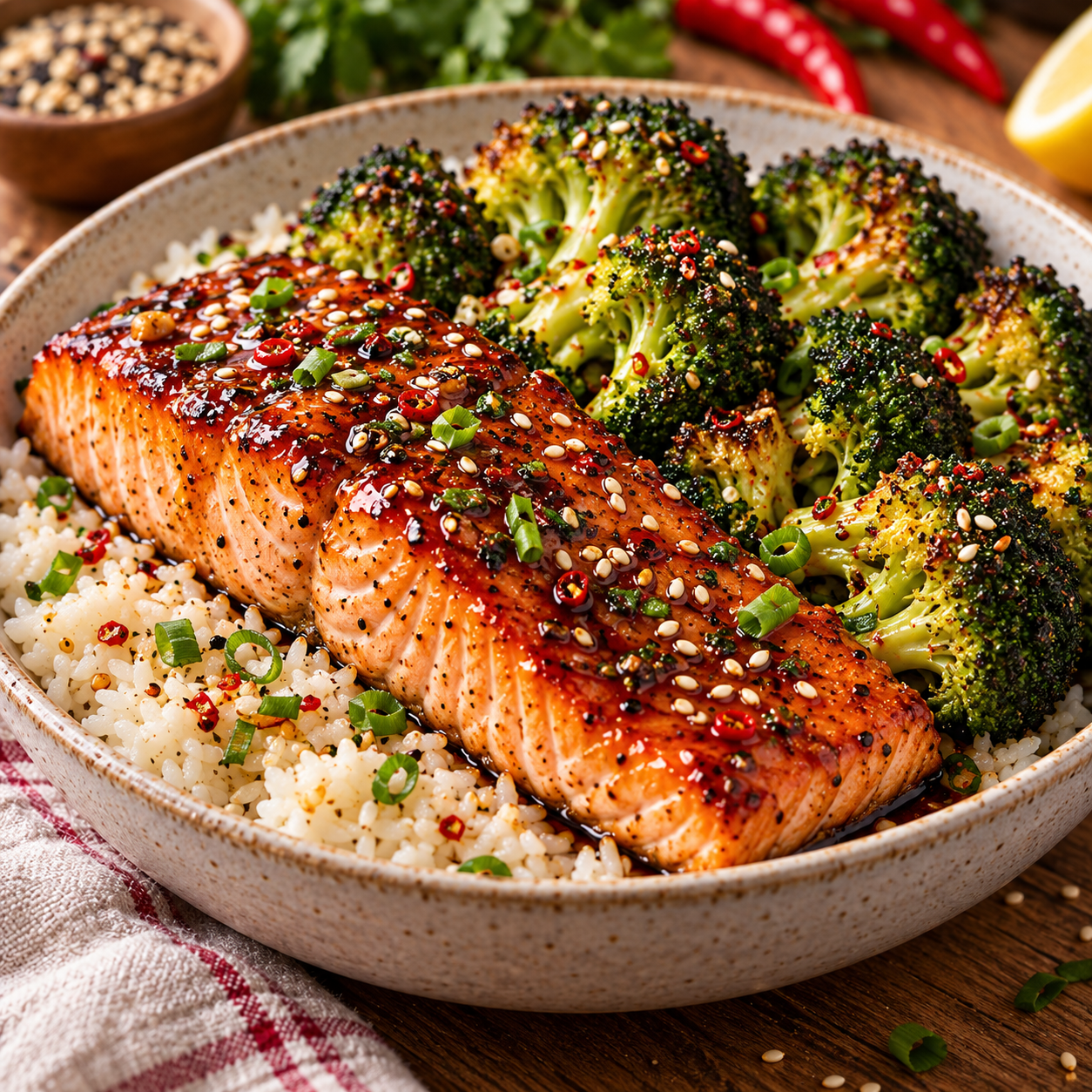 Pavés de saumon teriyaki cuits à l’Air Fryer avec brocoli rôti, graines de sésame et légère touche de piment.