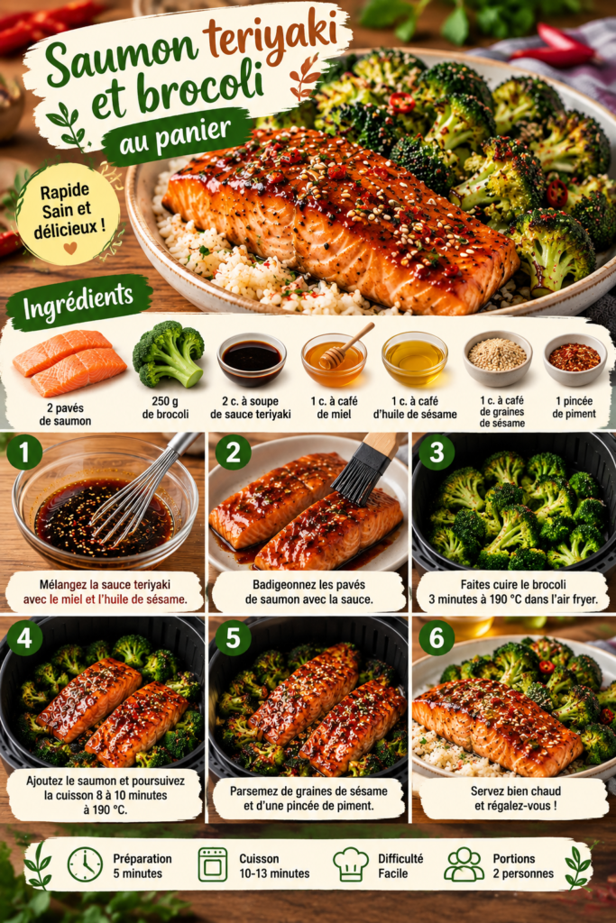 Pavés de saumon teriyaki cuits à l’Air Fryer avec brocoli rôti, graines de sésame et légère touche de piment.